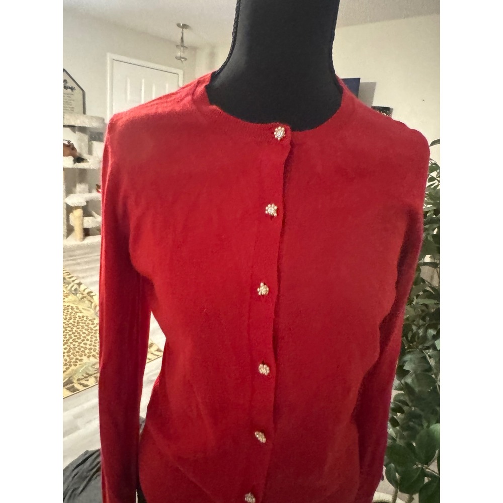 Ann Taylor Red Cotton model Cardigan Faux Pearl Rhinestone Flower Buttons Small